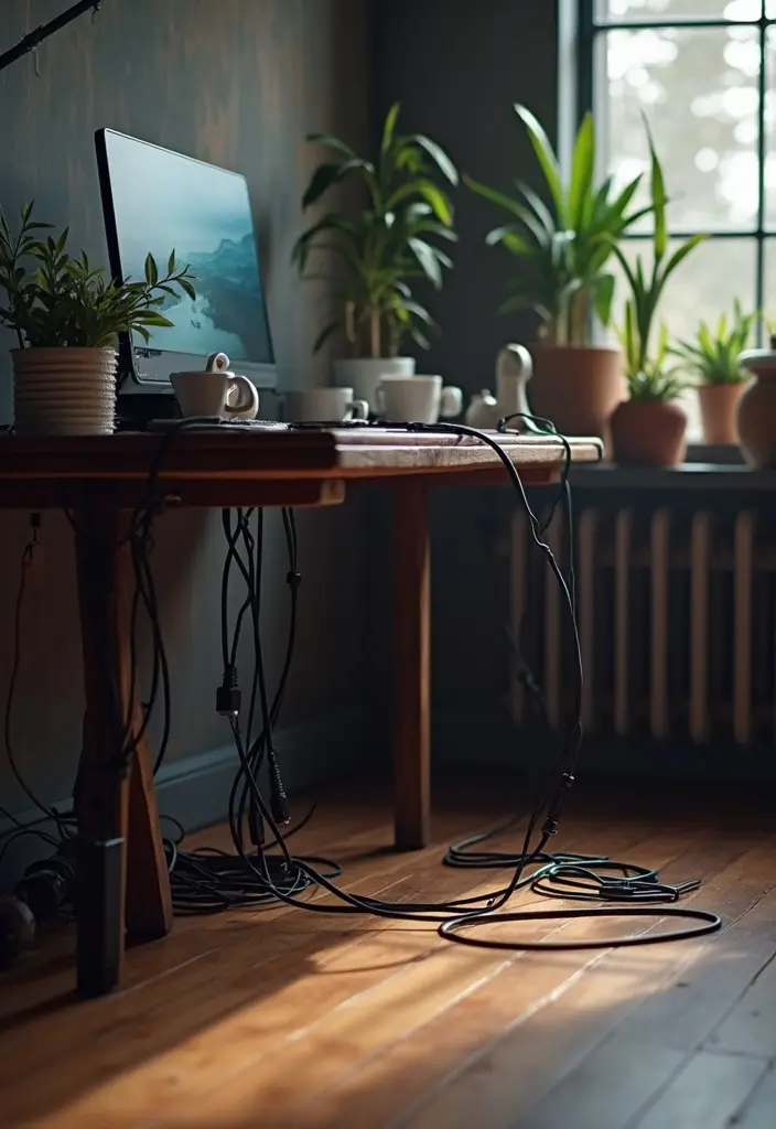 A Dubai handyman electrician organizing a cluttered computer table with an iMac, where numerous cables are hanging and in need of proper management.