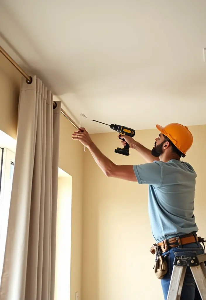 Handyman installing ceiling-mounted curtain rods for modern window treatments