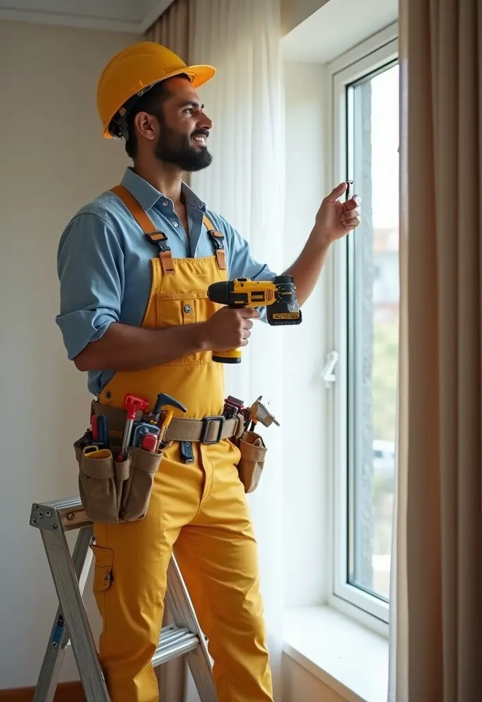 Skilled handyman drilling holes in a window frame for curtain installation