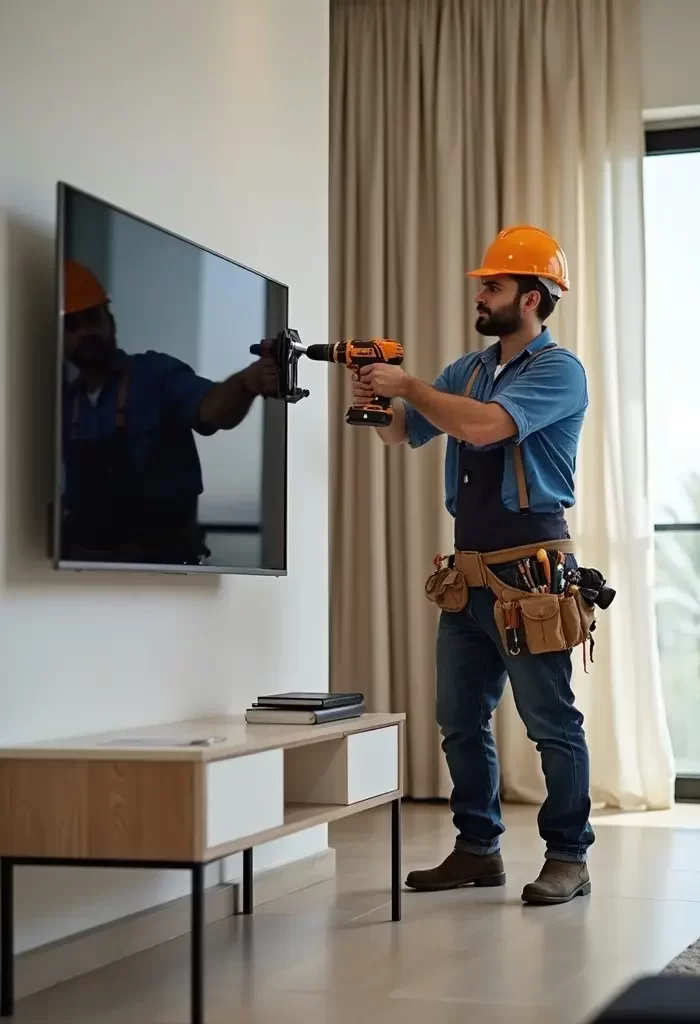 Handyman drilling into a wall for TV bracket installation and mounting