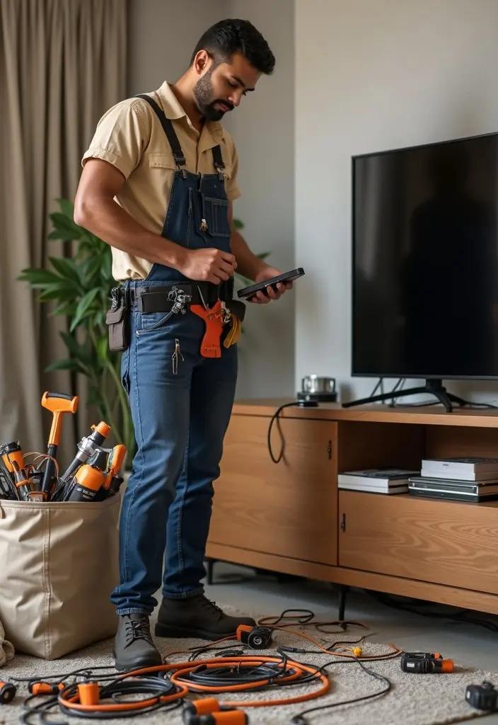 A professional handyman in a tool belt stands in front of a modern TV cabinet, expertly organizing and securing cables with zip ties and clips.