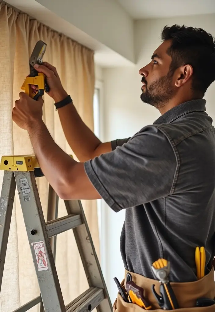 Handyman mounting a curtain rail on a wall window for a modern installation