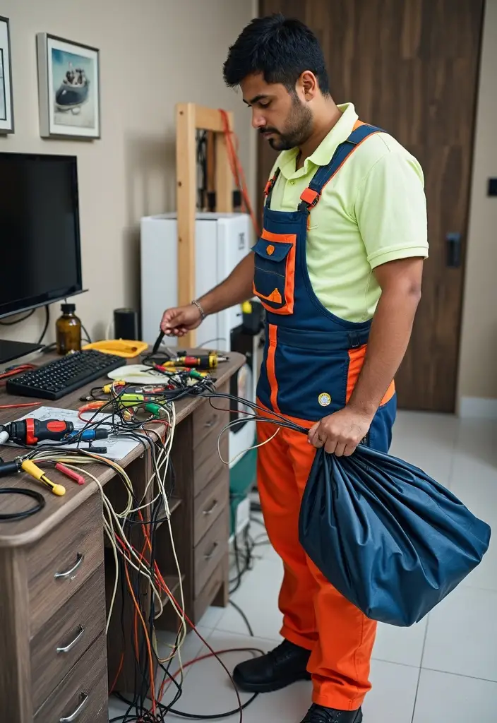 A handyman electrician stands near a computer table, organizing and hiding cables for a TV cabinet.