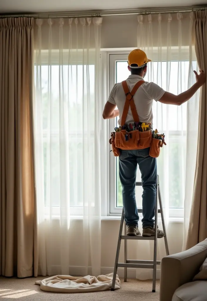 Handyman installing double curtains on a large window in a modern Dubai apartment