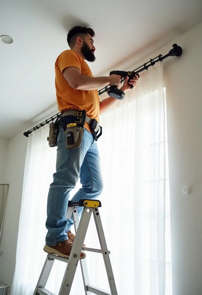 Local handyman drilling into a window frame for curtain rod installation