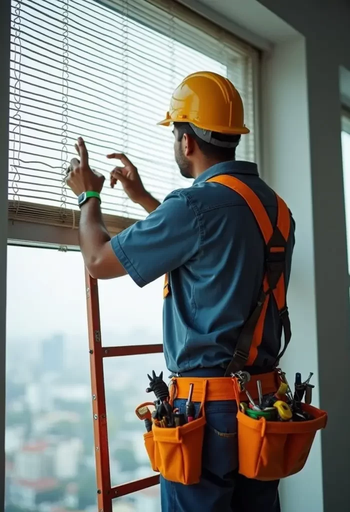 Skilled handyman blind installer drilling for mounting a blind bracket in Dubai