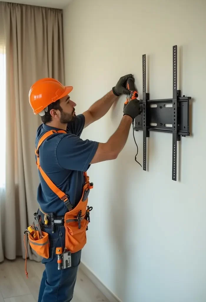 Handyman drilling into a wall while installing and mounting a fixed TV bracket