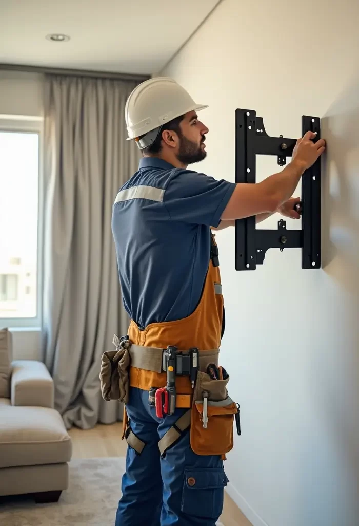 Skilled handyman drilling into a wall while installing a flexible, foldable TV bracket